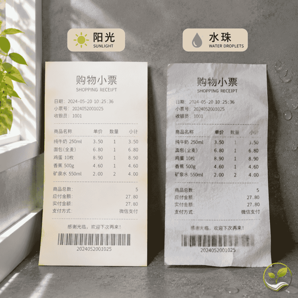实验室风格场景中,将两张热敏纸小票分别置于阳光直射窗口和潮湿厨房台面进行对比测试,展示光照和湿度对字迹褪色的影响
