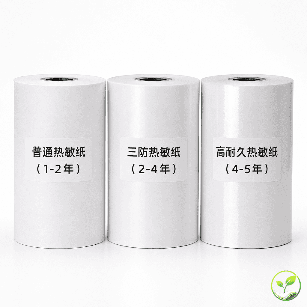 三卷不同等级的热敏纸并排展示:普通热敏纸、三防热敏纸、高耐久热敏纸,标签上分别标注等级和适用场景,白色背景突出纸张外观差异