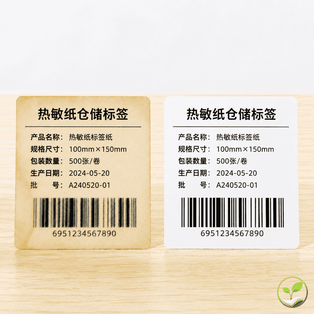 两张仓储标签对比,一张因高温高湿导致条码模糊无法扫描,另一张清晰完好