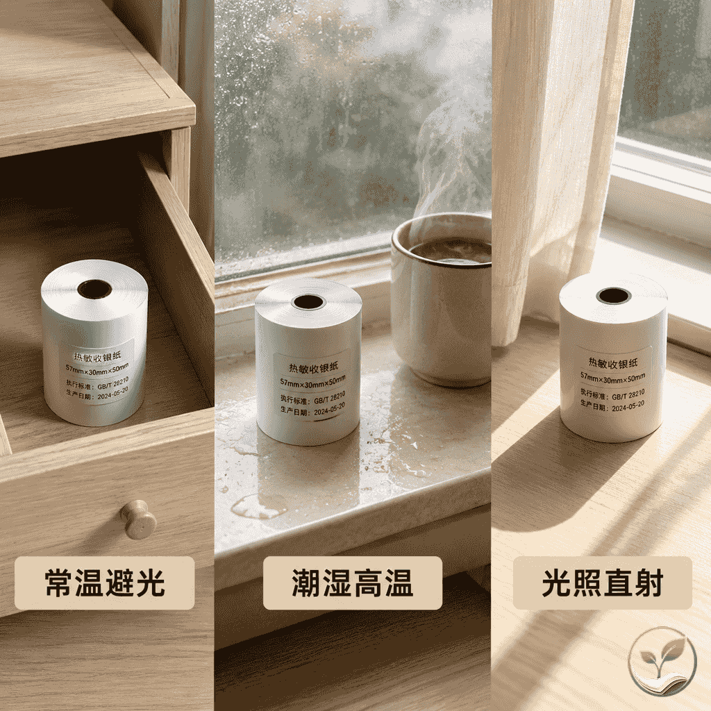 三种存储环境对比：常温避光抽屉、潮湿高温窗台、阳光直射窗边，展示热敏纸保存条件