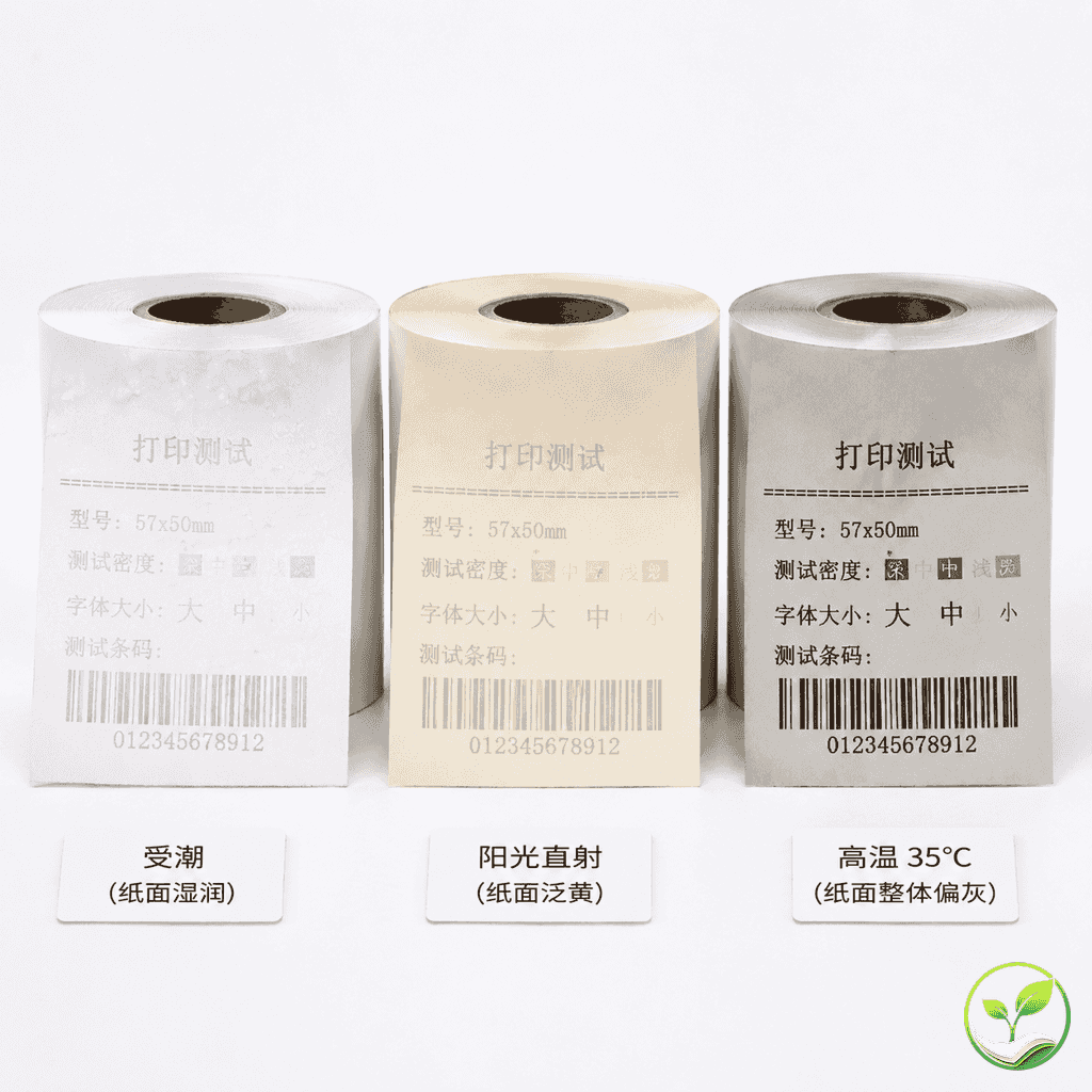 三卷热敏纸分别演示因受潮、光照、高温导致的打印失效现象，卷纸表面有发白、变黄和底色变深等差异