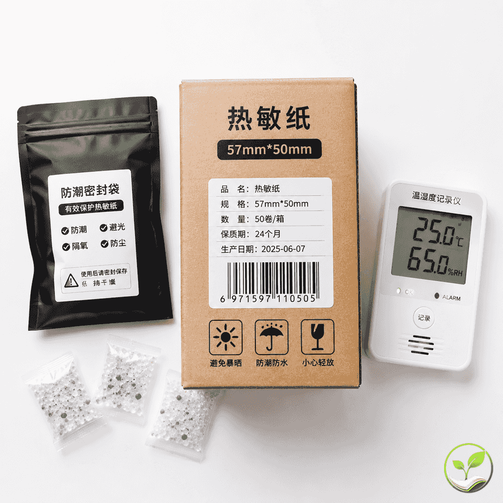 热敏纸的正确保存方法展示:原包装未拆封纸箱、黑色密封袋、干燥剂和温湿度记录仪