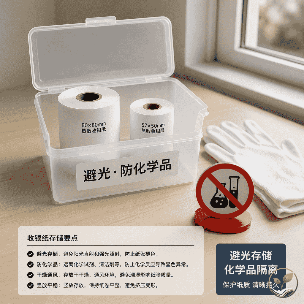 不透明塑料收纳箱内竖放热敏纸卷，箱盖上贴有‘避光’标签，旁边放着棉手套和禁止化学品标志