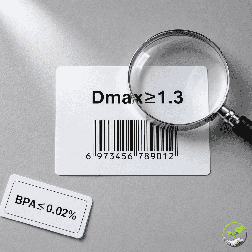 一张三防热敏标签纸上打印出清晰条形码和Dmax≥1.3字样，旁边有放大镜和BPA≤0.02%标识卡