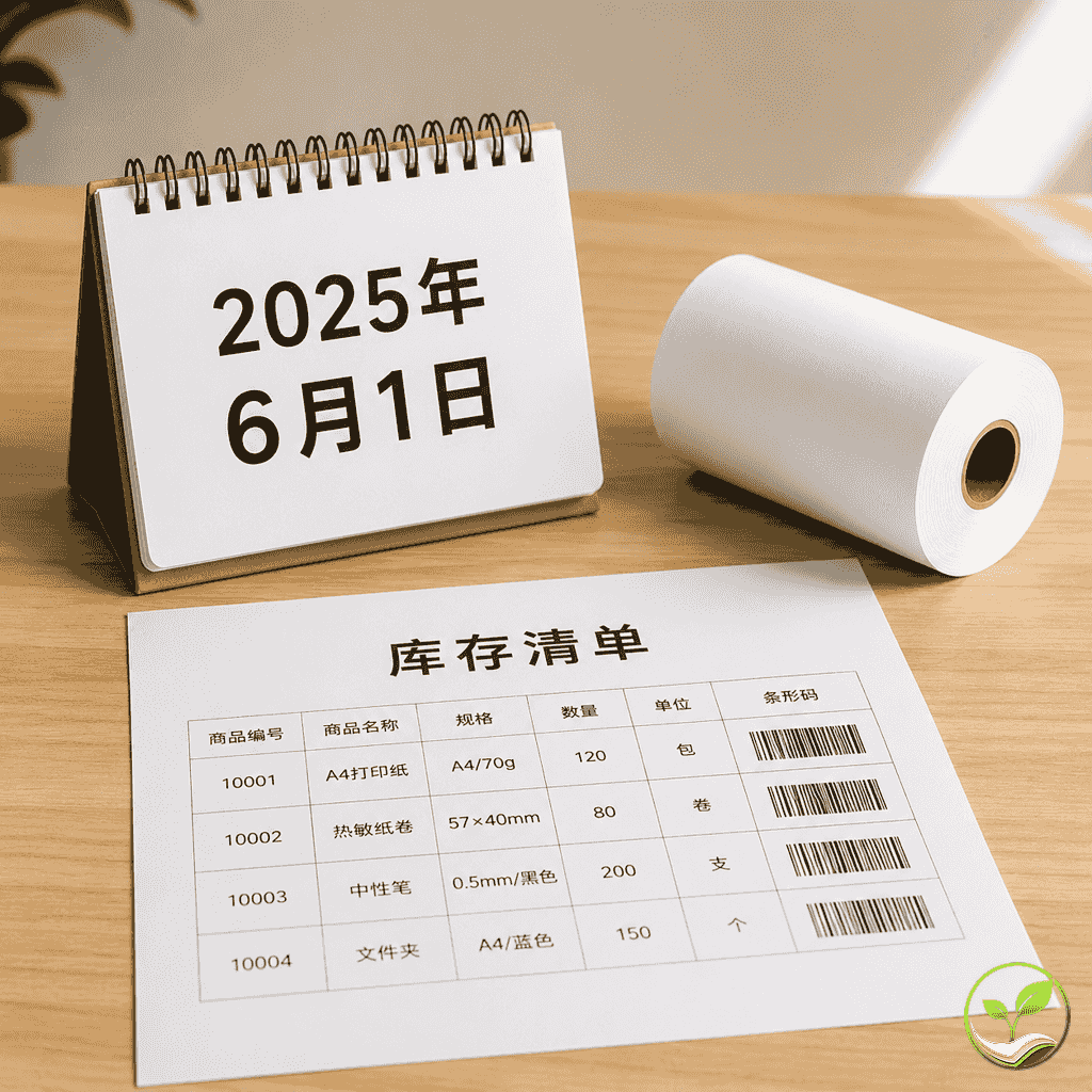 浅色木纹桌面上放置一个翻页日历显示2025年6月1日,旁边有一卷热敏纸和一张印有库存清单的A4纸