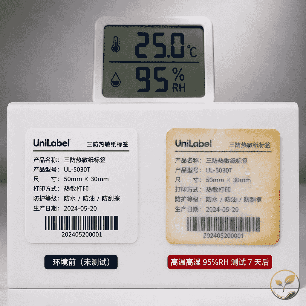 两张热敏纸标签并排对比,左边一张在正常干燥环境下打印字迹清晰,右边一张在潮湿环境中存放后边缘明显发黄、字迹变淡模糊,旁边放有一个湿度计显示95%湿度
