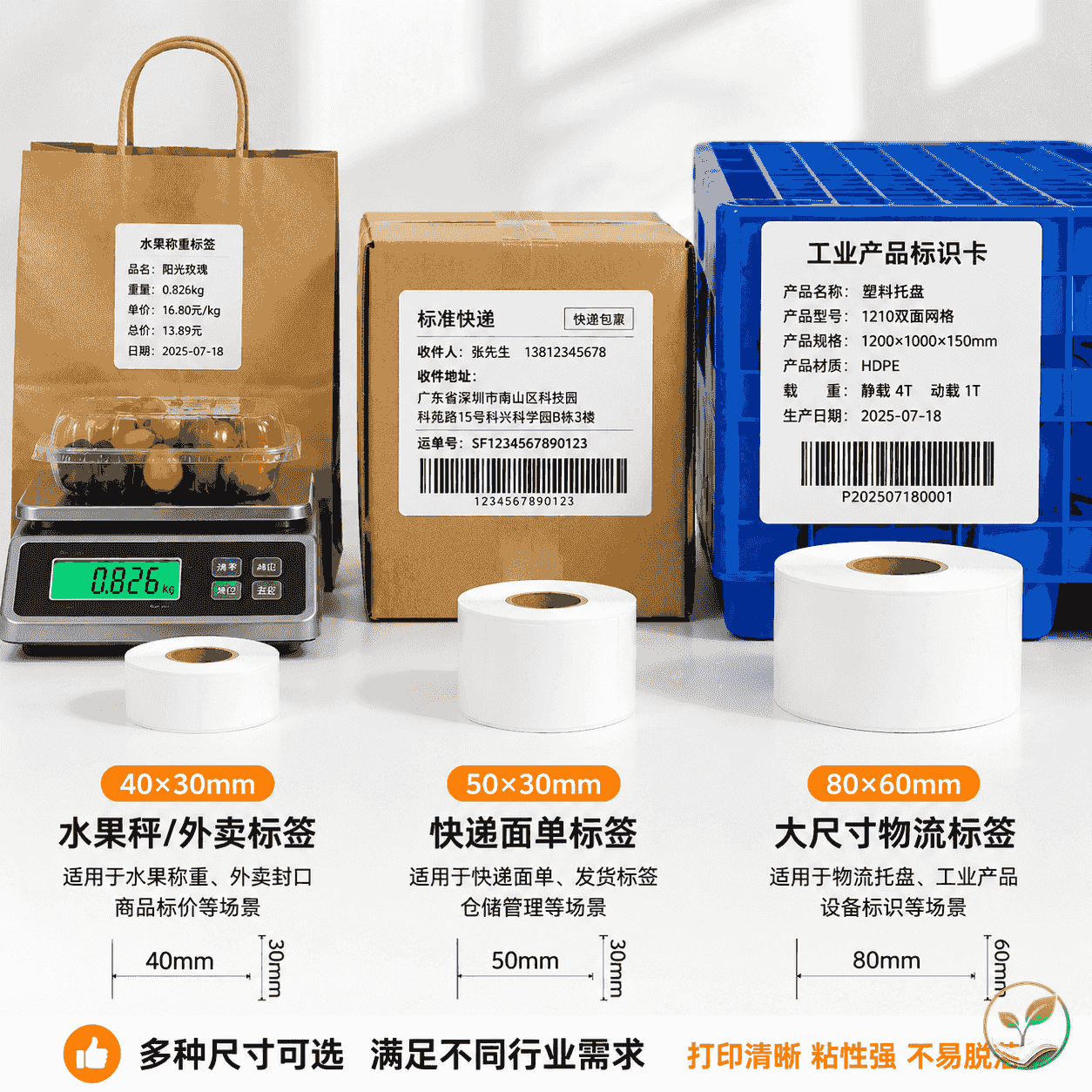 三种尺寸热敏标签实物展示：商超称重签（40×30mm）、快递面单（50×30mm）、物流大标签（80×60mm）分别贴在对应物品上