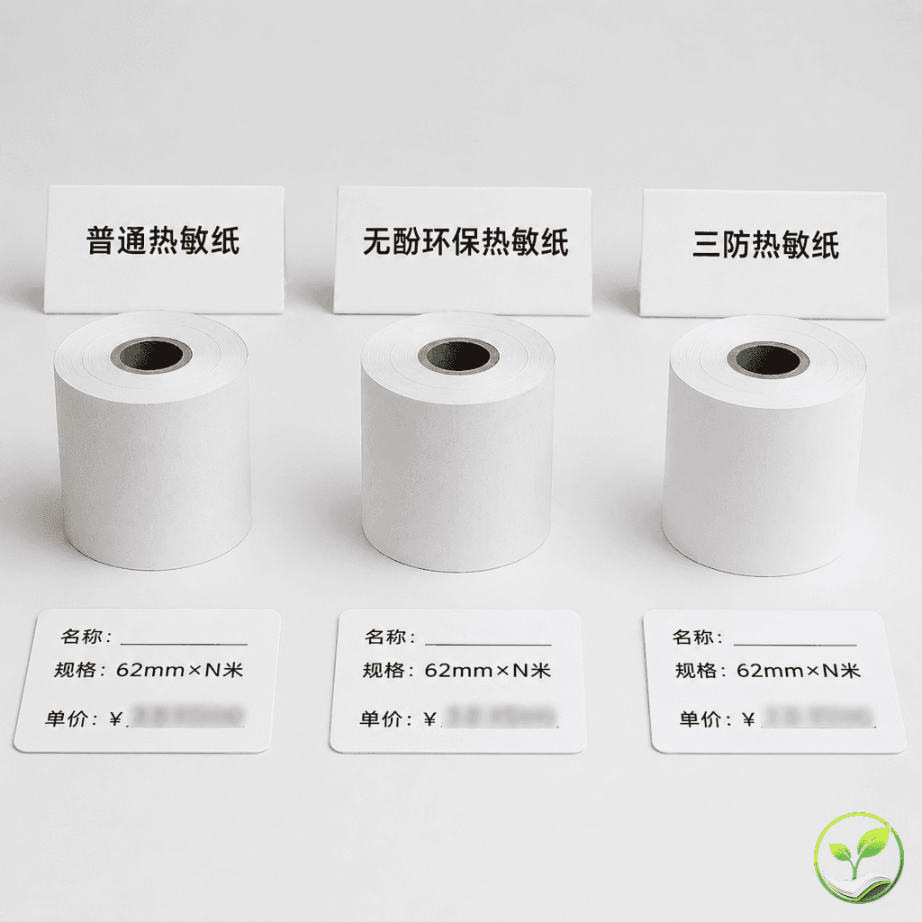 三种热敏纸卷并排对比：普通热敏纸、无酚环保热敏纸、三防热敏纸，每卷前放置小型价格标签卡，展示价格差异，白色背景，清晰分列