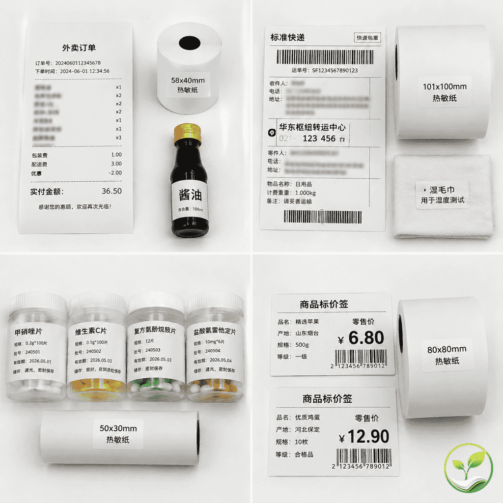 四个应用场景的平铺展示:左上角是外卖餐饮小票(防水防油), 右上角是物流面单纸(防刮耐磨), 左下角是医疗标签(无酚灭菌), 右下角是超市零售价签(环保纸),每个场景旁放着对应的热敏纸卷或标签卷