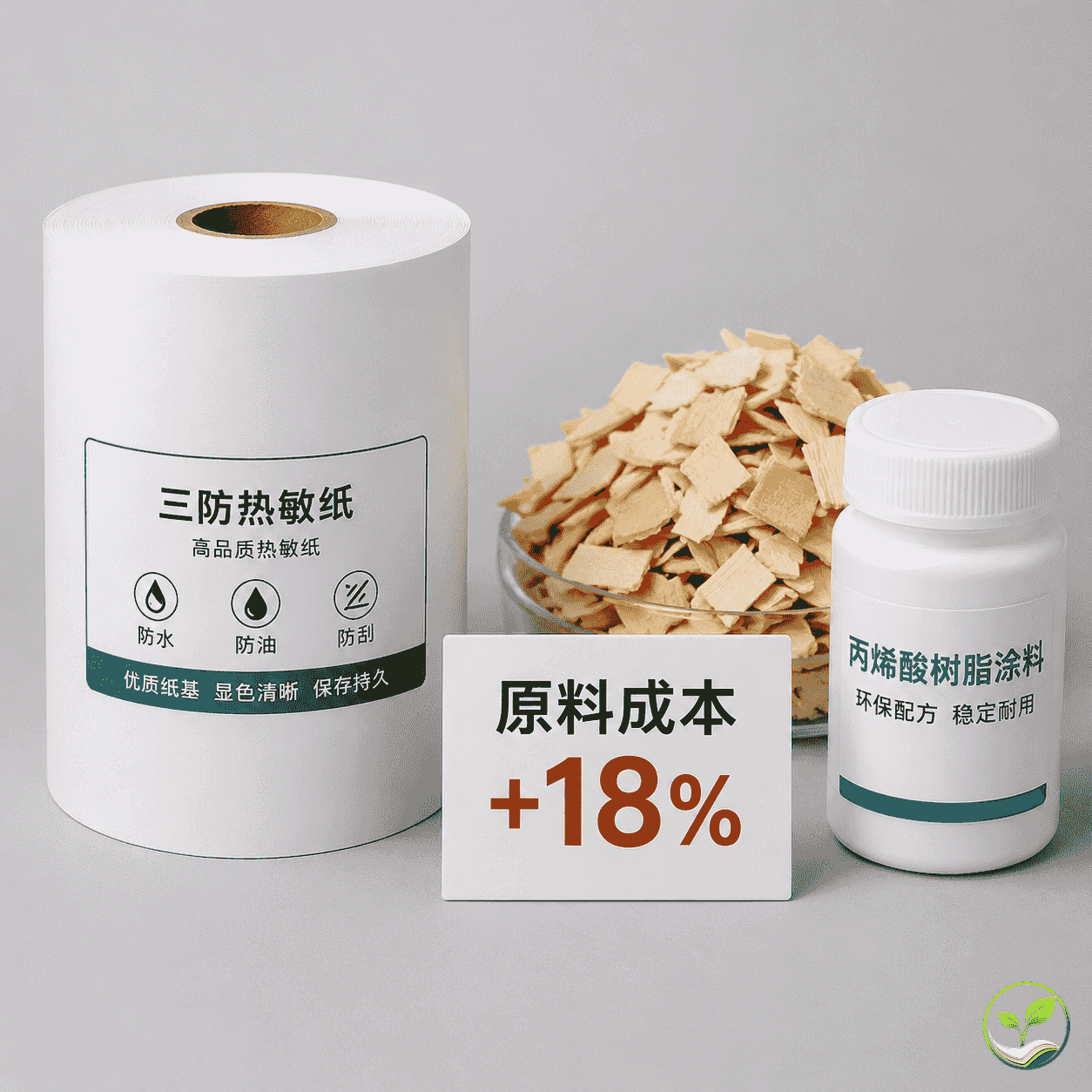 热敏纸卷与纸浆切片、涂料桶并列摆放，旁边有成本涨幅标签，对比原料与成品