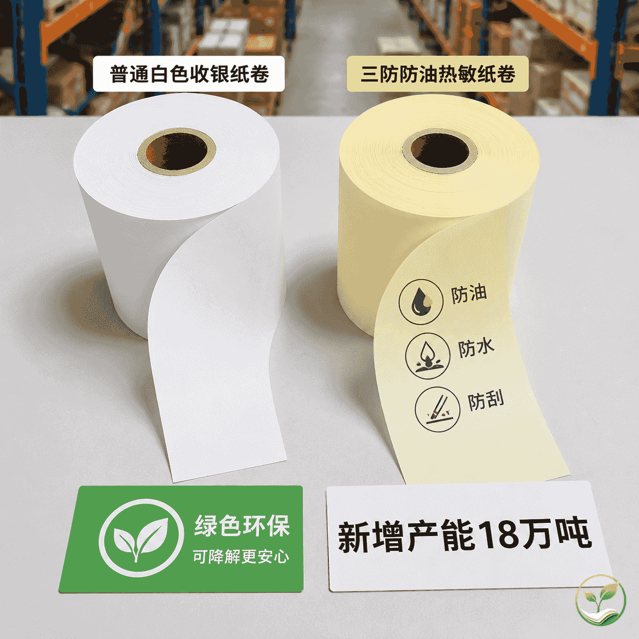 普通收银纸卷和三防热敏纸卷并排展示，旁边有环保标志卡片和产能数据标签