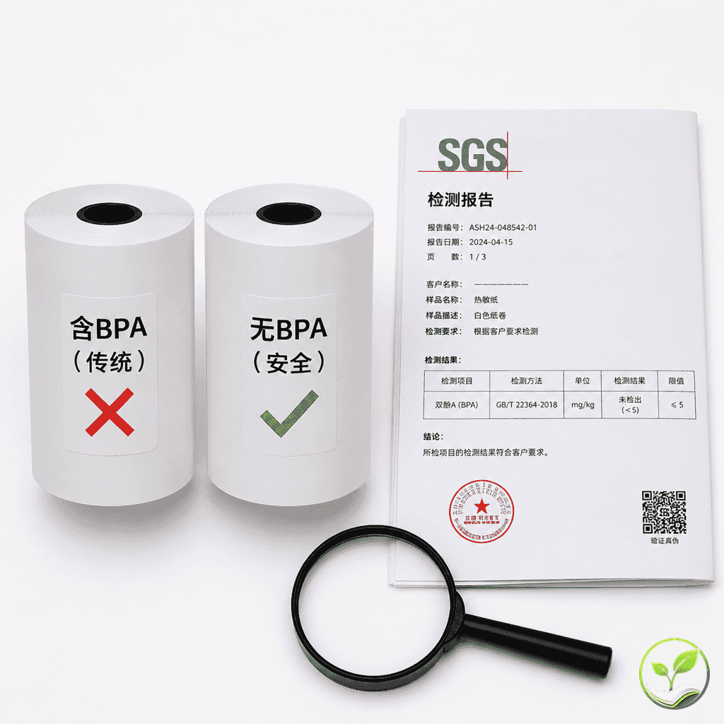 两张热敏纸卷并排展示,左侧卷标有“含BPA”,右侧卷标有“无BPA”,旁边放有一份SGS检测报告和放大镜