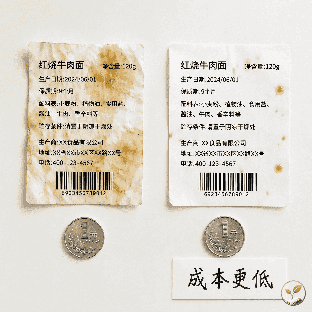 两张热敏标签纸并排对比，左边标签被油污浸染后字迹模糊并起皱，右边标签同样被油污擦拭后字迹依然清晰完整，标签下方各放一枚硬币和一张写着“成本更低”的小卡片