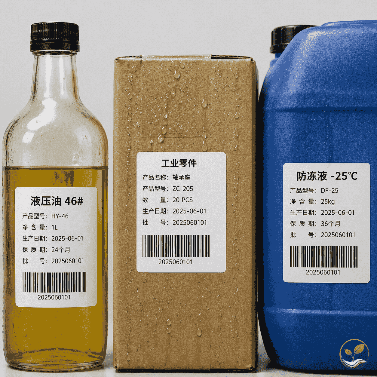 三张热敏标签分别贴在厨房油瓶、冷链运输纸箱和化工塑料桶上，标签表面均保持字迹清晰无损坏
