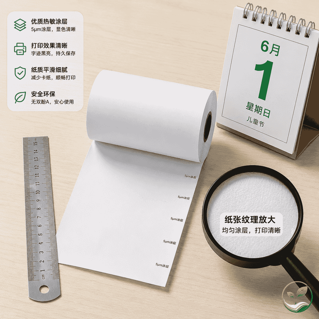 热敏纸卷旁放着一把金属尺和放大镜，纸张边缘标有“5μm涂层”字样，旁边有日历翻到6月1日