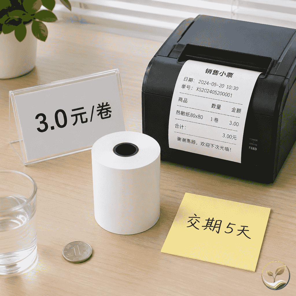 办公桌上一卷热敏纸旁边放着价格标签和一张写有交期5天的便签,背景有一台打印机和测试样品