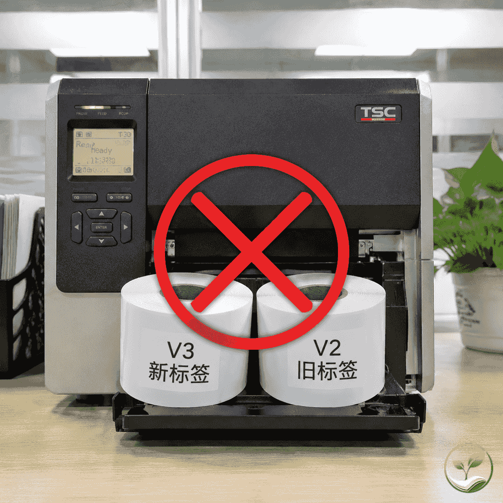 热敏打印机旁放着新旧两卷热敏纸，中间有一个红色叉号，表示直接替换可能造成打印机磨损或打印效果差