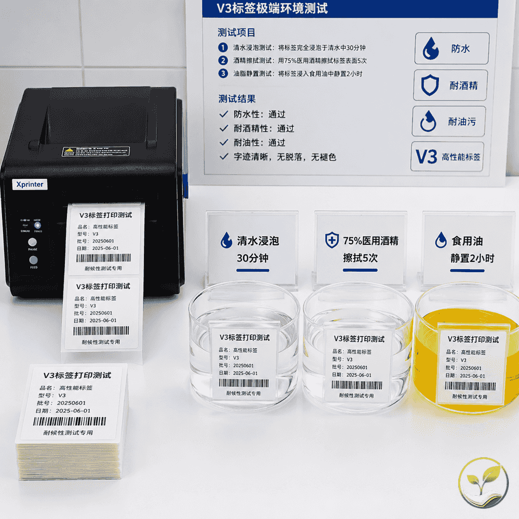 测试过程实拍,包括热敏打印机连续打印100张标签、将打印后的标签浸入清水和酒精中测试防水防油性能