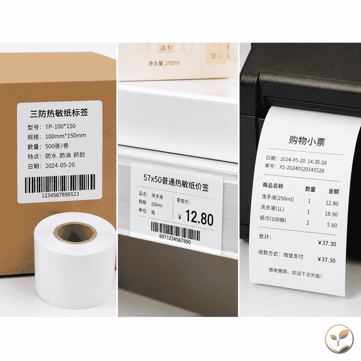 三种热敏纸应用场景并列展示：物流面单贴在快递包裹上、超市价签贴于货架、办公小票打印在收银台