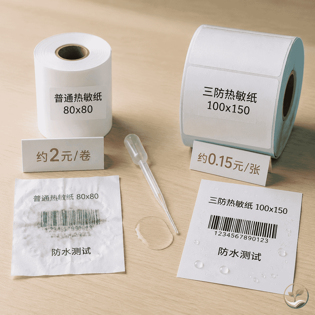 对比展示普通热敏纸卷与三防热敏纸标签,标价标签和防水测试道具放在一旁