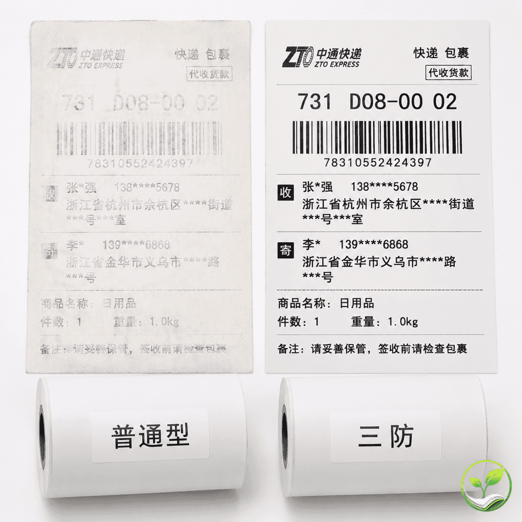 两张快递底单并排对比,左侧字迹模糊褪色,右侧字迹清晰完整,旁边摆放三防热敏纸卷和普通热敏纸卷标签
