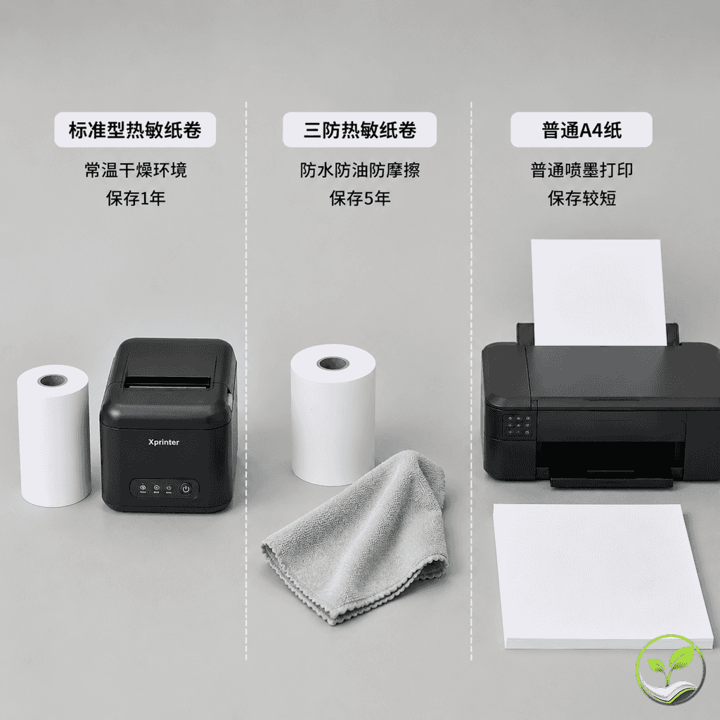 三组产品展示:标准型热敏纸卷用于干燥环境、三防热敏纸卷用于潮湿油污环境、热敏打印机与普通打印机并排放置,旁边有保存年限标签(1年与5年)