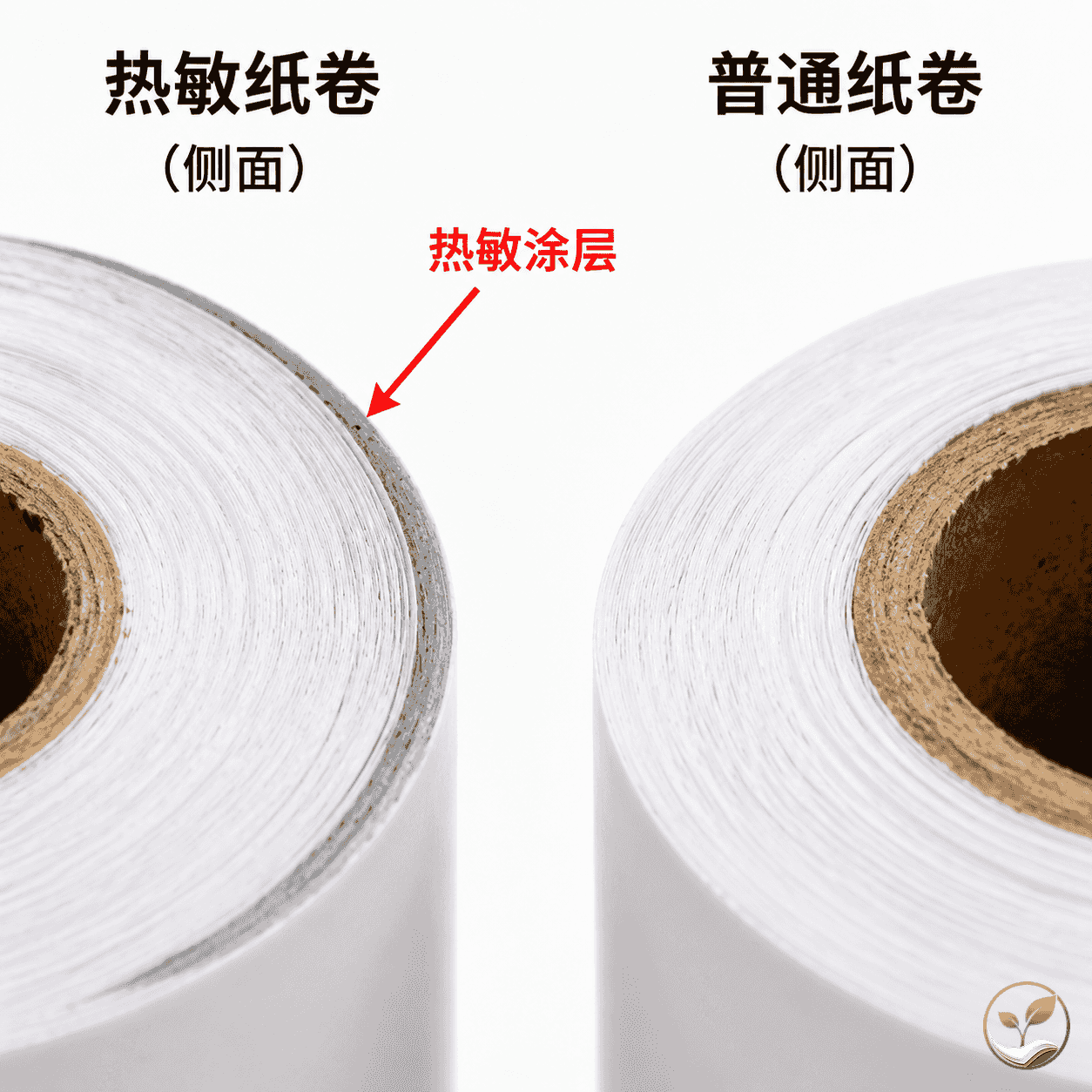 热敏纸卷侧面涂层特写,对比普通纸无涂层