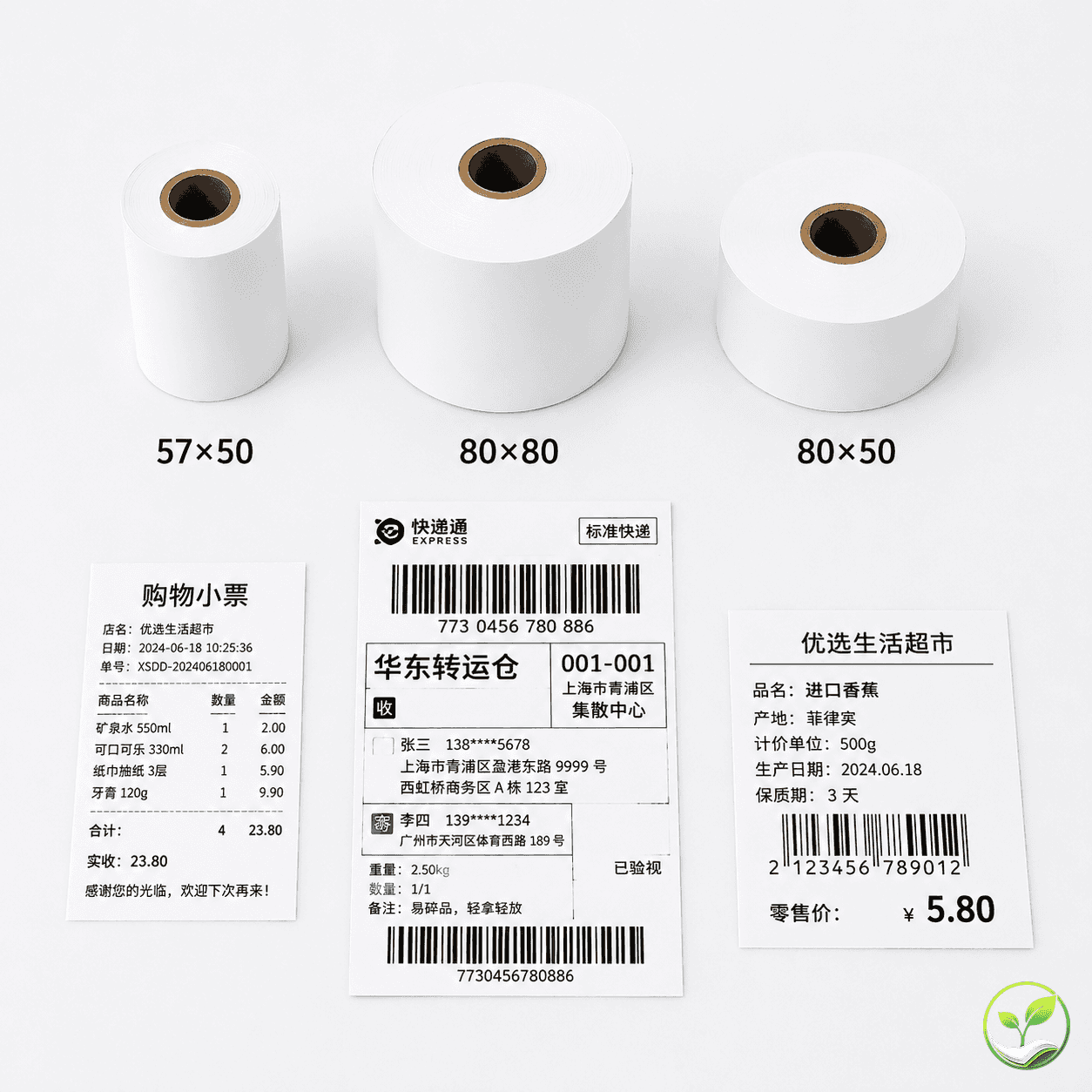 不同规格热敏纸卷及其对应的打印应用场景展示