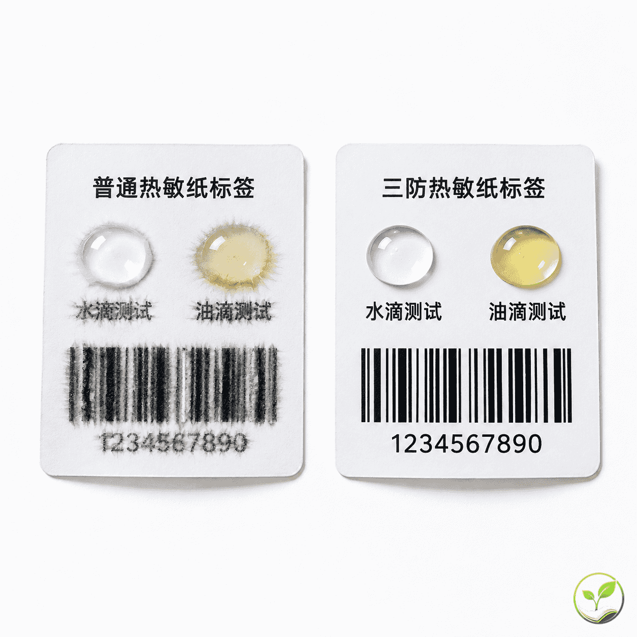 一张三防热敏纸和一张普通热敏纸并排，分别在表面滴水和滴油，三防纸字迹清晰而普通纸模糊，展示防水防油差异