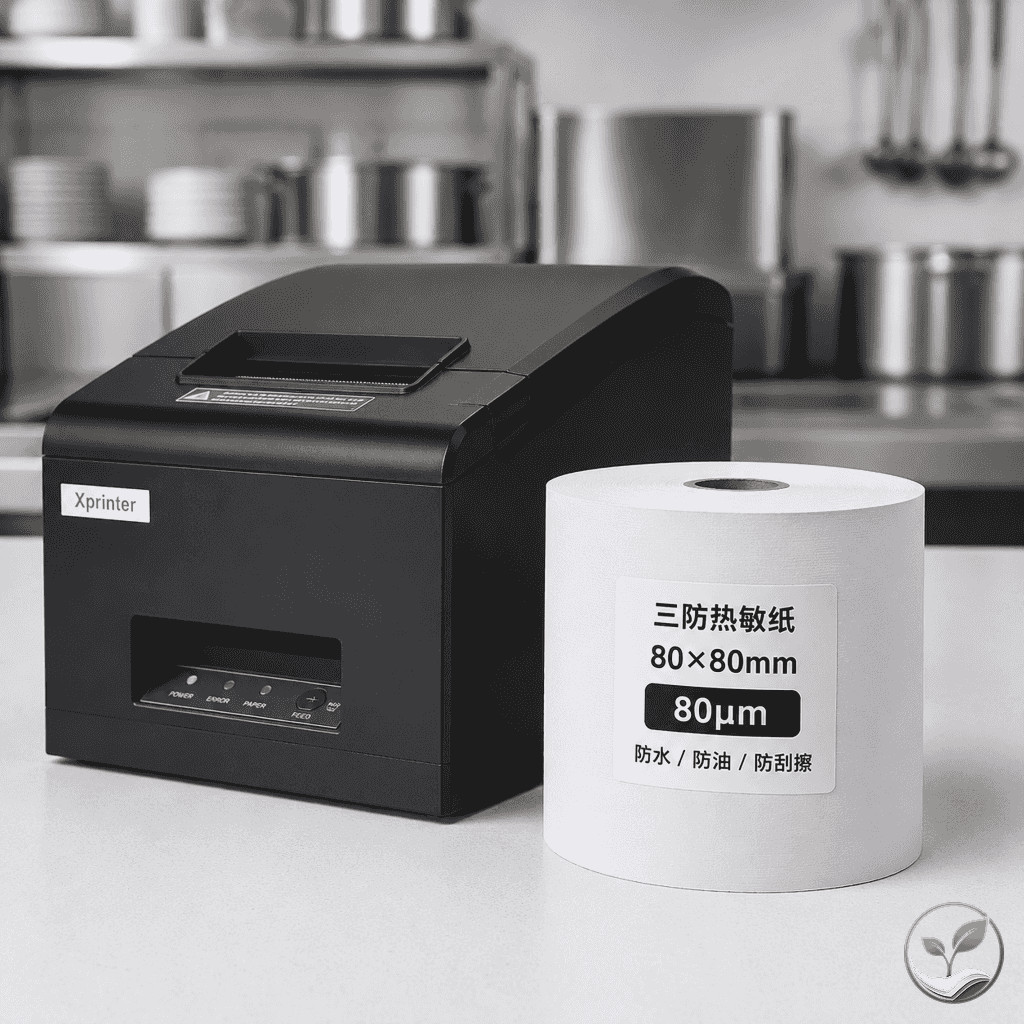 后厨环境中的热敏打印机旁放置一卷80x80规格三防热敏纸,纸卷标签清晰标注厚度80μm,背景有轻微油烟氛围