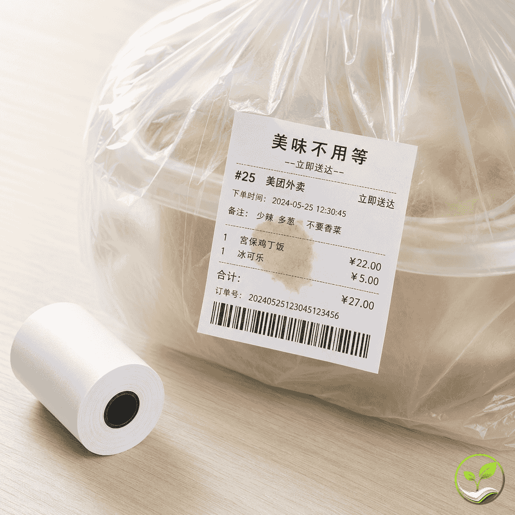 一张外卖小票贴在塑料袋上，小票表面有油渍但字迹清晰可辨，展示三防热敏纸防油效果