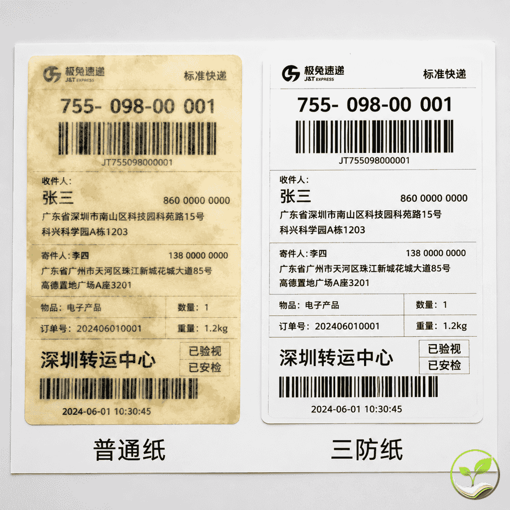 两张物流面单并列对比，左侧普通纸面单字迹模糊，右侧三防纸面单字迹清晰，展示半年后保存效果