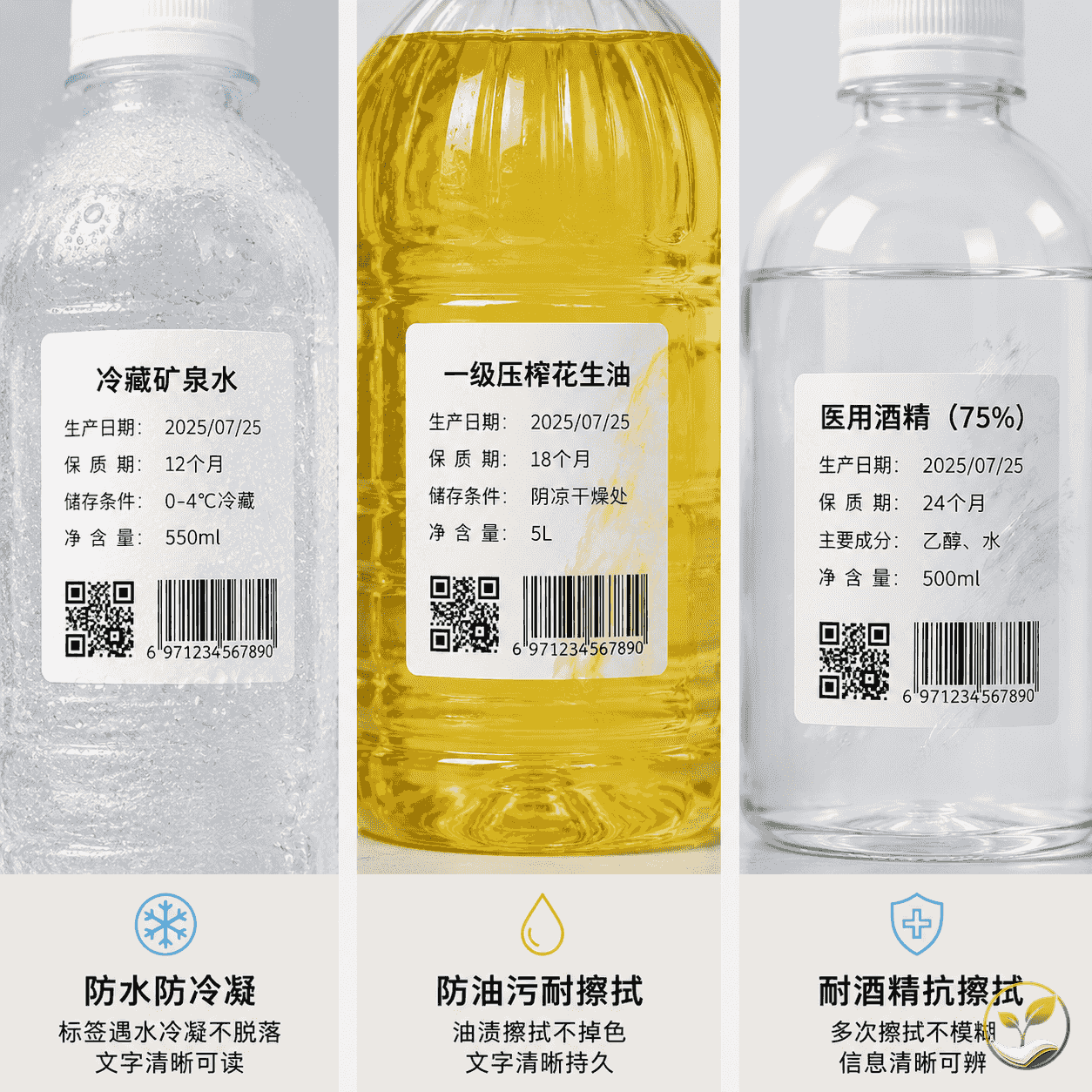 三张热敏纸标签分别贴在冰袋、油瓶和酒精瓶上，模拟三种场景测试，标签状态完好