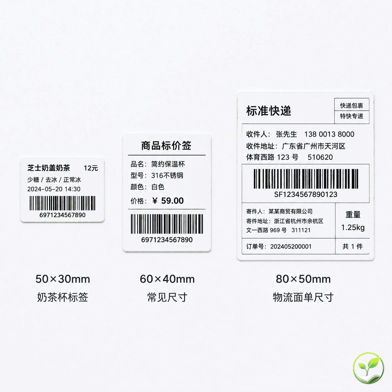 三枚不同尺寸的热敏纸标签（50x30mm、60x40mm、80x50mm）并排摆放，标签上印有模拟条码和文字