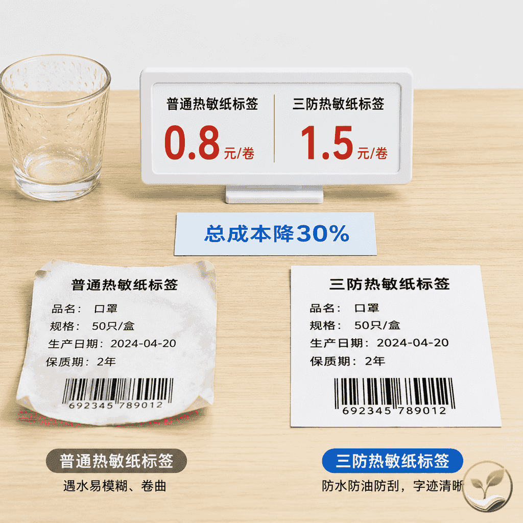 对比展示：普通热敏纸标签在潮湿环境下卷边模糊，三防热敏纸标签清晰完好，旁边有价格标签和成本对比数字