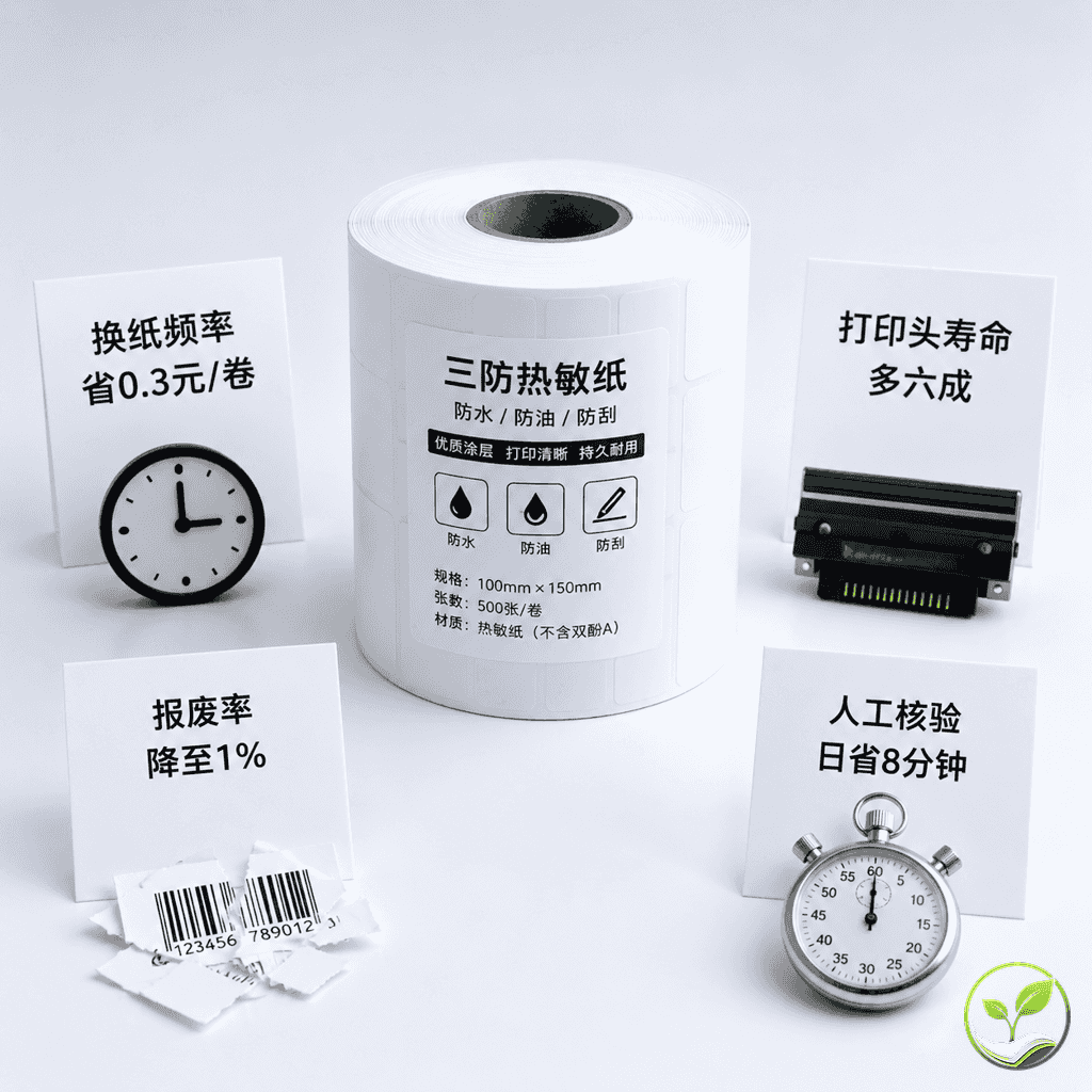 四张小型信息卡片分别代表换纸频率、打印头寿命、标签报废率、人工核验时间，围绕一卷三防热敏纸展示成本节约