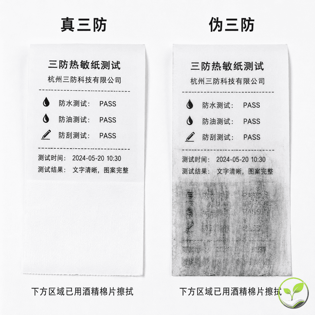 酒精棉片擦拭测试对比,左侧真三防纸图案清晰,右侧伪三防纸图案模糊变黑