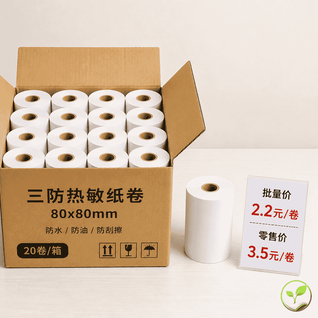 整箱三防热敏纸与单卷对比,旁边有价格标签显示批量采购单价优势