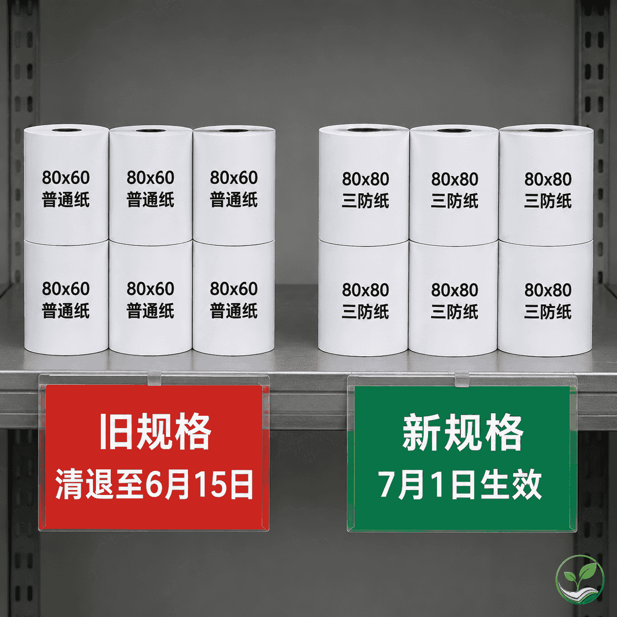 仓库货架上陈列两种热敏纸，旧规格普通纸标有'清退至6月15日'标签，新规格三防纸标有'7月1日生效'标签，体现库存更新过渡