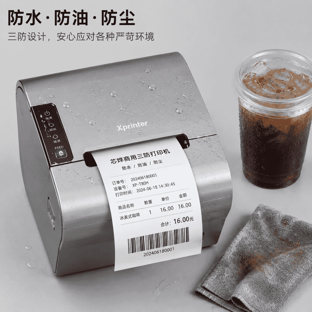 后厨场景中热敏打印机正在打印小票,小票上油污和水渍被阻挡,字迹清晰可辨