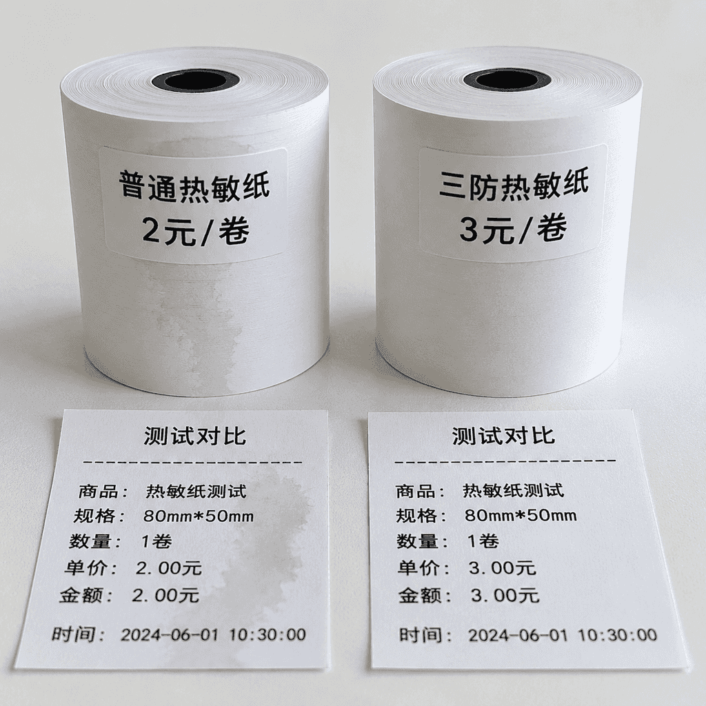 三防热敏纸与普通热敏纸的对比展示,左侧普通纸被水滴后字迹模糊,右侧三防纸保持清晰,旁边标注价格标签