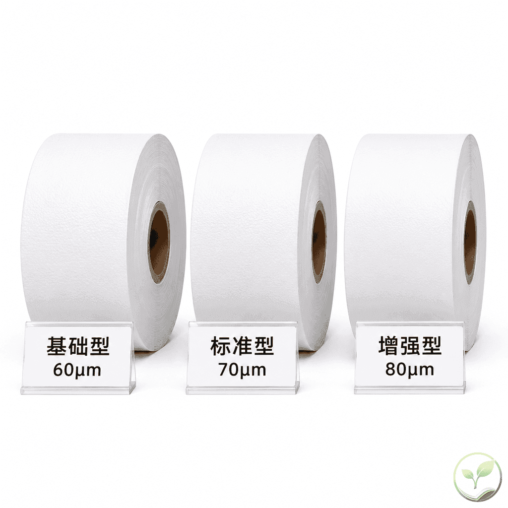 三种不同等级三防热敏纸卷并排对比，带有标签说明