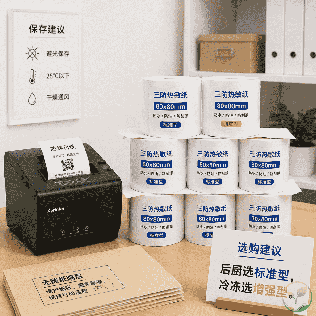 热敏纸在仓库中避光保存的场景，旁边有打印机和选购建议标签