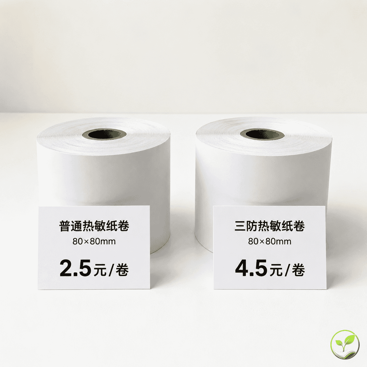 两卷80x80热敏纸卷旁摆放价签,左边标价2.5元,右边标价4.5元,展现单卷价格差异
