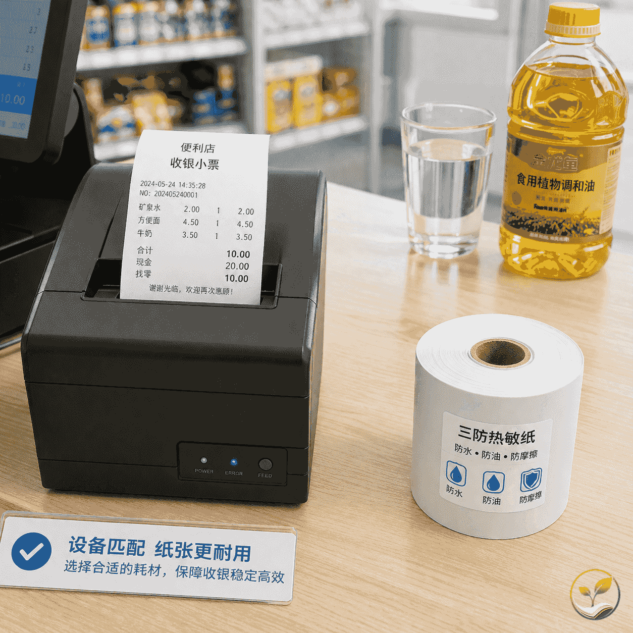 干燥的便利店收银台场景，普通热敏纸小票机打印，旁边有一杯水和一瓶油表示水油环境对比
