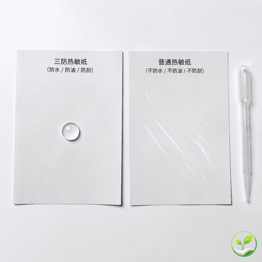 一只手用滴管在热敏纸表面滴一滴水，另一侧展示指甲划痕测试的纸张特写，白色背景