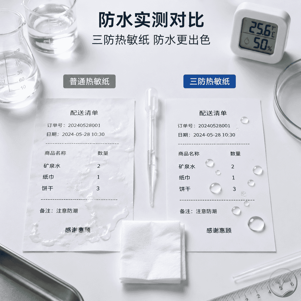 三防热敏纸与普通热敏纸的防水测试对比,水滴在两张纸上不同效果,普通纸起泡模糊,三防纸水珠滚动。