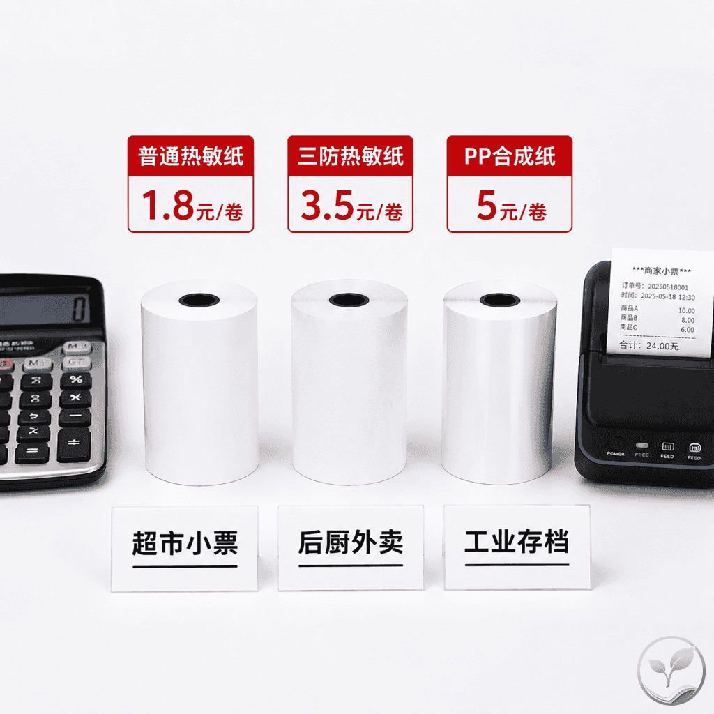 不同类型热敏纸的成本与场景适配对比图，展示普通热敏纸、三防热敏纸、PP合成纸三卷并排，下方标注适用场景图标。