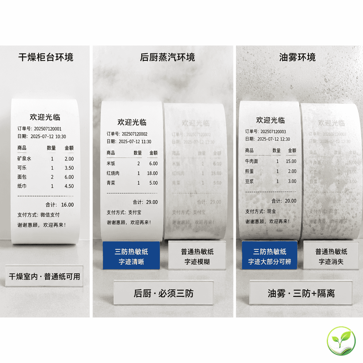 三张热敏纸应用场景对比图:干燥室内(超市收银)、潮湿后厨(蒸汽环境)、油雾炸鸡店(油污环境),每张纸上分别有字迹保持状态对比