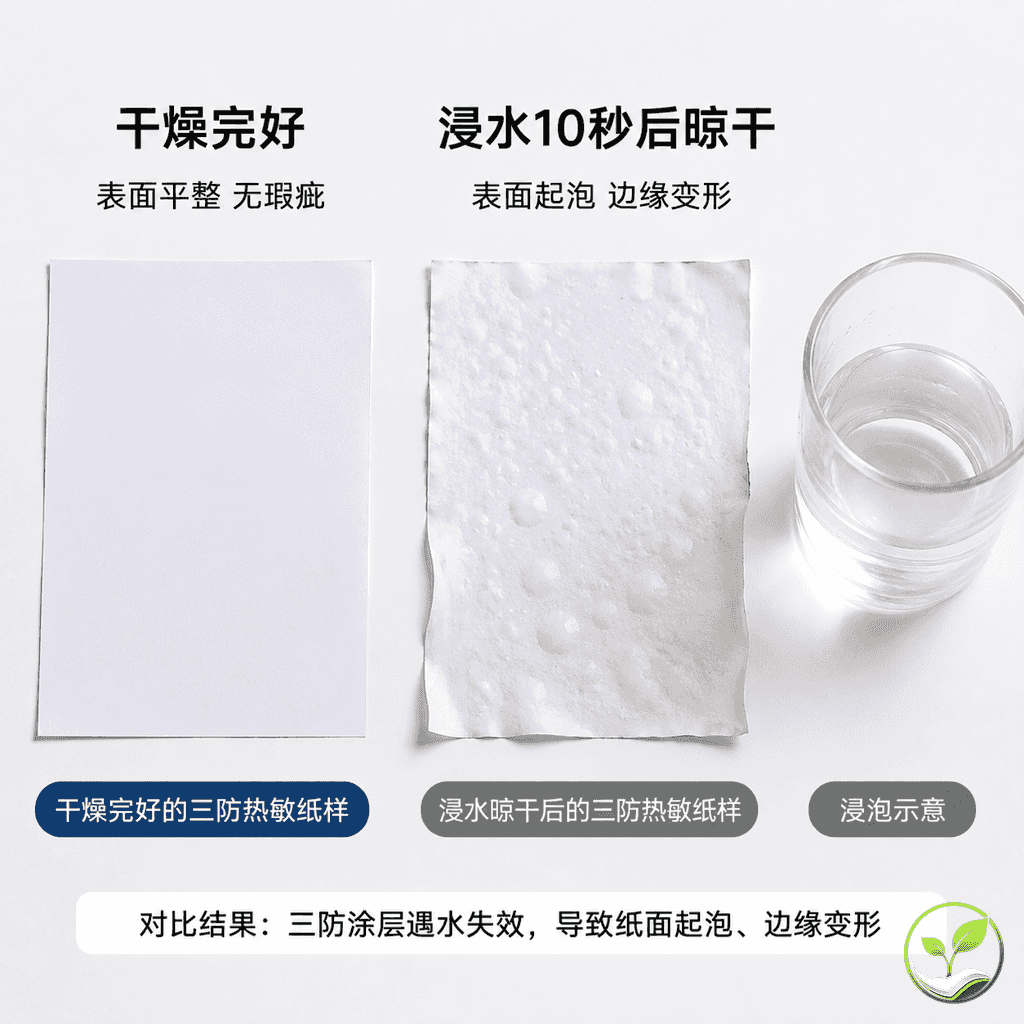 三防热敏纸被水浸泡后涂层起泡、纸基变形的损坏样品,对比干燥完好的纸样